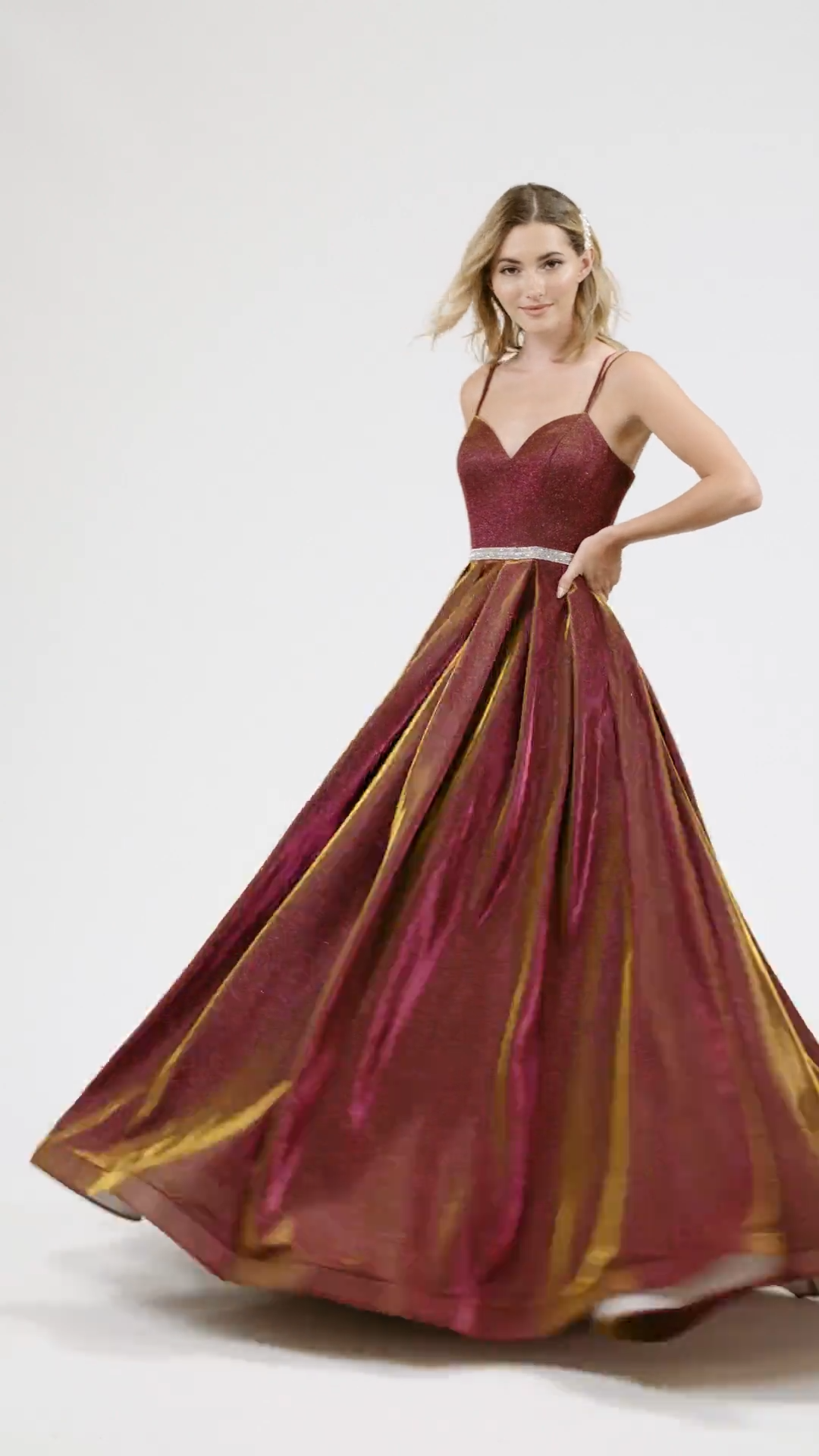 Val Stefani 3906RG sparkly and flowy pleated A-line prom dress with thin straps sweetheart and open back and beaded belt