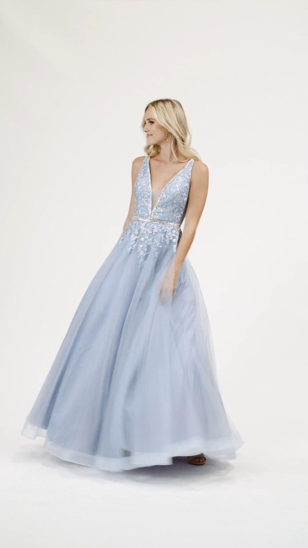 Val Stefani 3942RG voluminous embroidered lace appliques over tulle full A-line with deep V-neck and strappy open back Val Stefani 3942RG voluminous embroidered lace appliques over tulle full A-line with deep V-neck and strappy open back