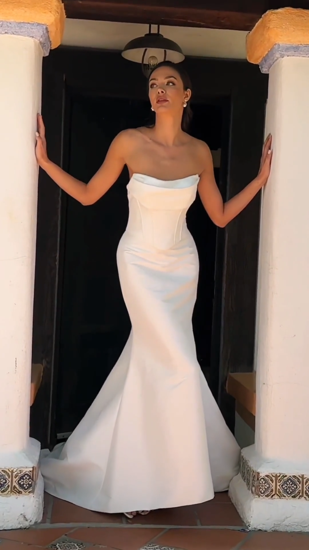 Video of strapless scoop neck and open back stretch mikado mermaid gown Style COLBY