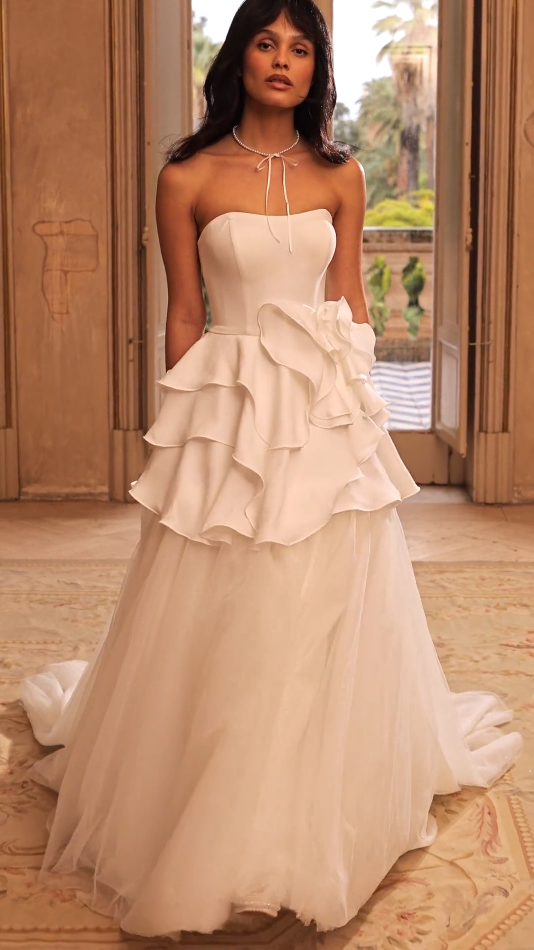 ValStefani ASTRAEA Video of breeze crepe mini A-line gown with sparkle tulle A-line underskirt