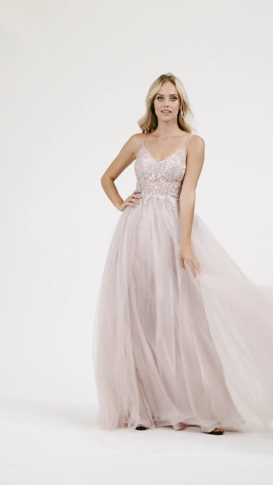 Val Stefani 3962RB soft and romantic sweetheart and deep V-back unlined beaded bodice A-line in sparkle net