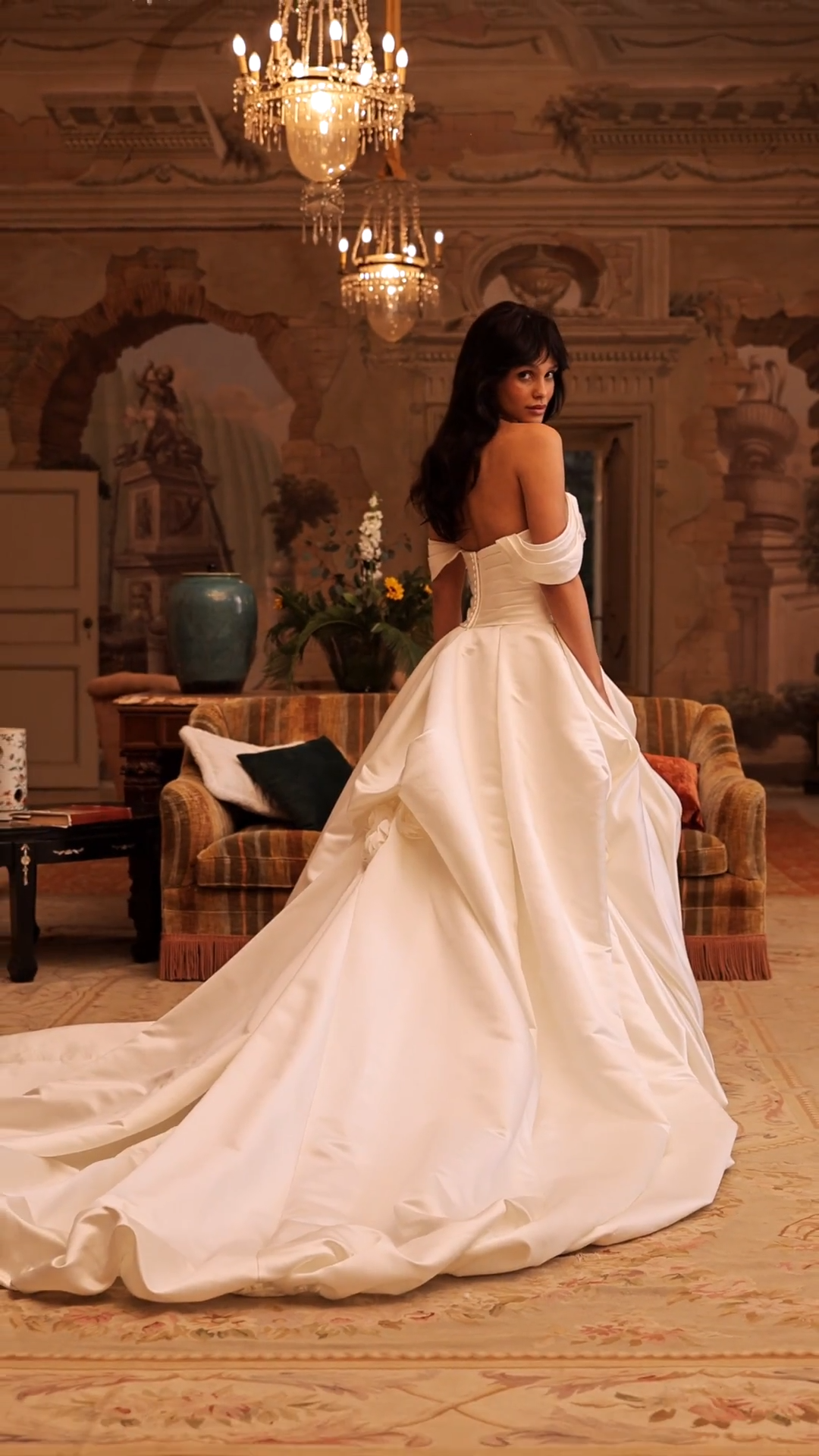 ValStefani FORTUNA Video of trendy satin ball gown with pick-ups and 3D flowers and detachable pleated swag sleeves