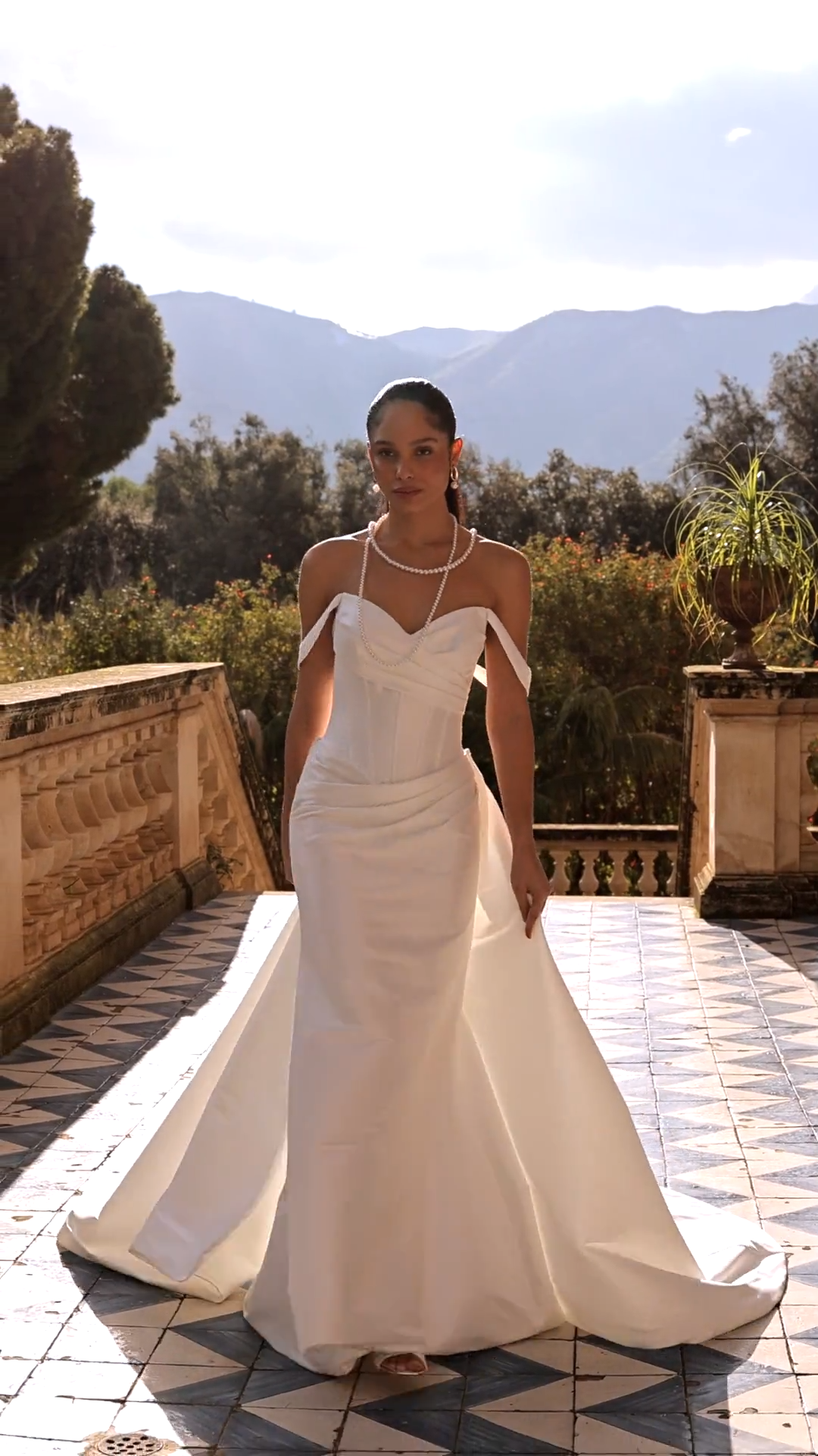 ValStefani POMONA Video of stretch mikado mermaid with swag sleeves and detachable train