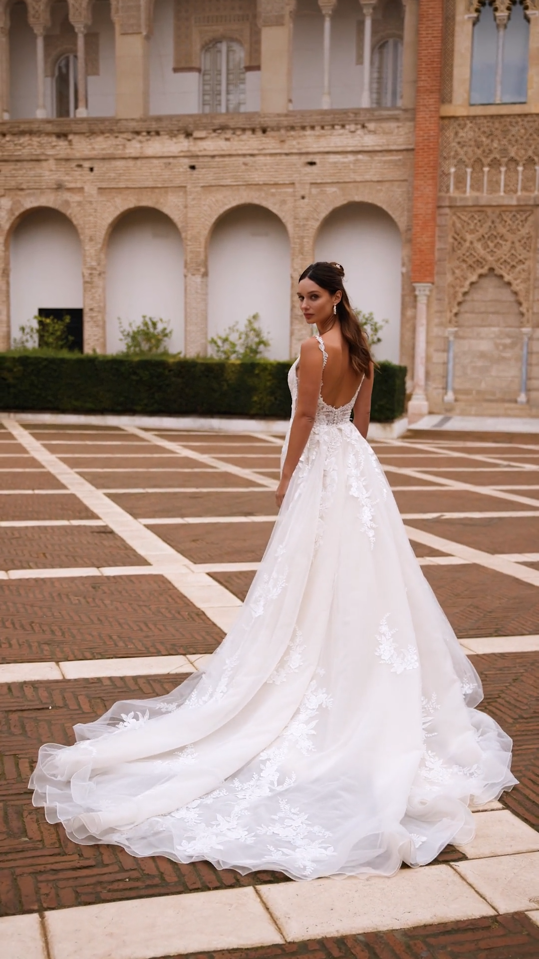 ValStefani PAULINA Deep Sweetheart and Illusion V-Back Beaded Lace and Rosette Glittler Tulle Mermaid with Detachable Train