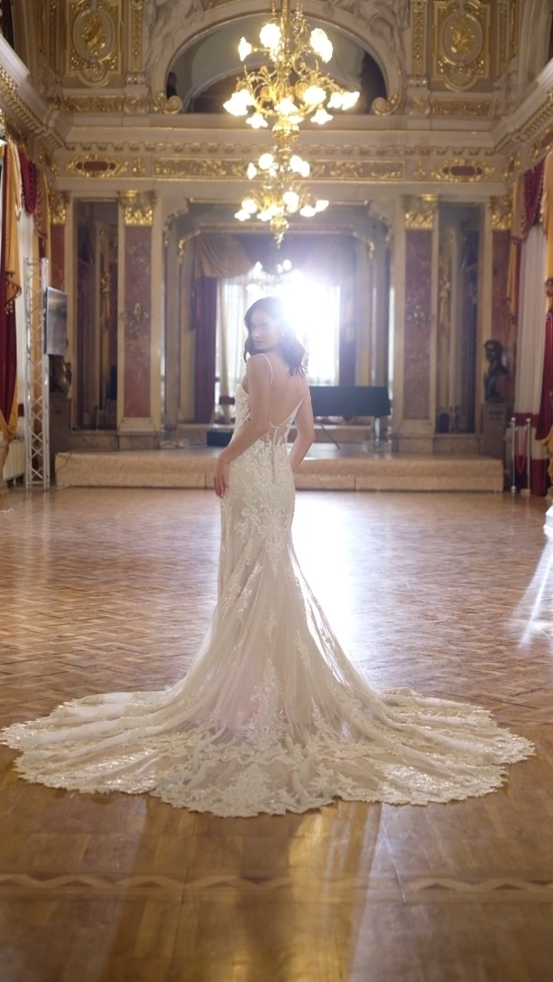 Val Stefani Bridal D8274 Ornate Beaded Lace V-Neck Mermaid Bridal Gown With Beaded Straps And Long Sparkle Petal-Shaped Train