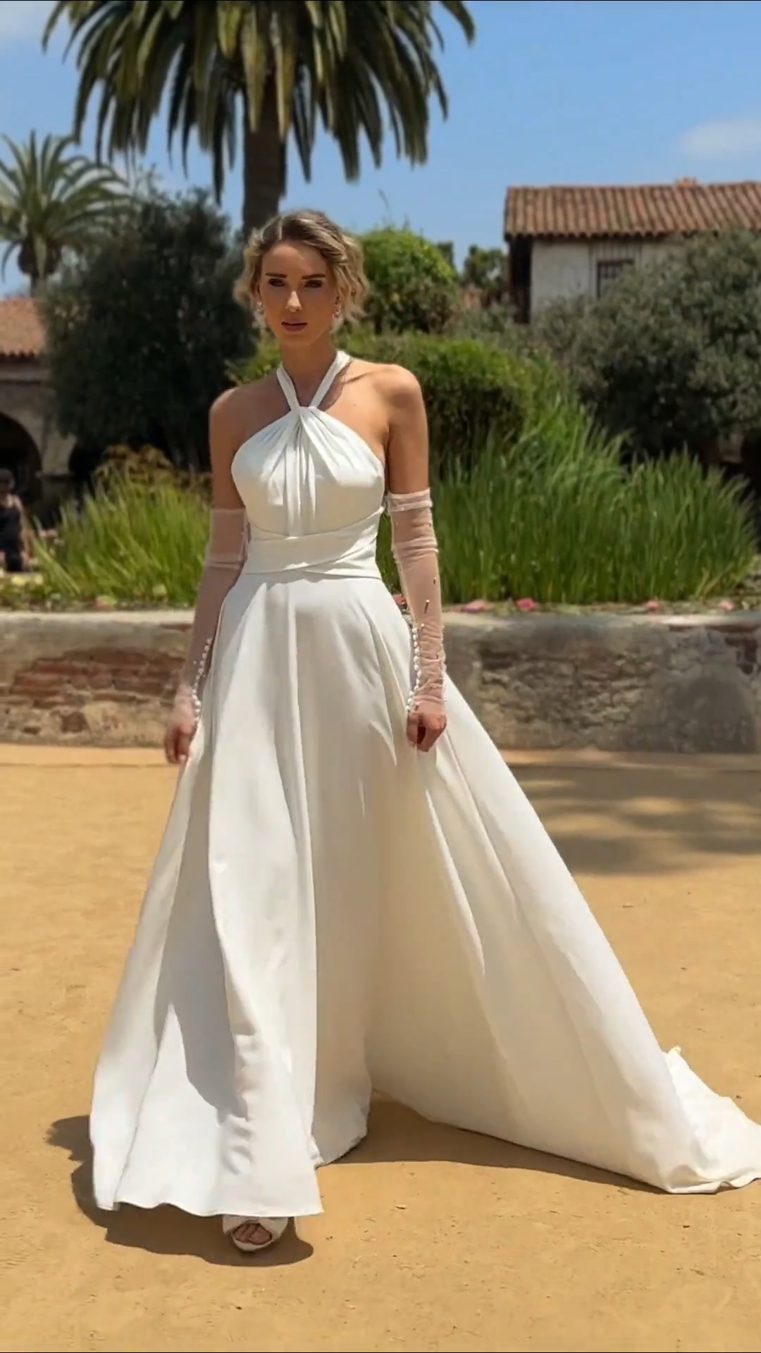 Crepe Halter Neck and Keyhole Back A-Line with Illusion Pearl Sleeves Style ALDER Crepe Halter Neck and Keyhole Back A-Line with Illusion Pearl Sleeves Style ALDER