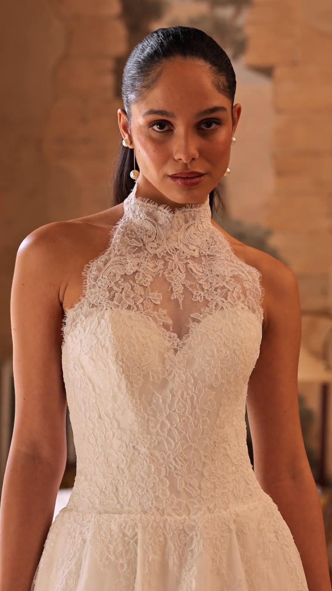 Video of halter neck and open back Alencon lace fabric ball gown with drop waist ValStefani HESTIA