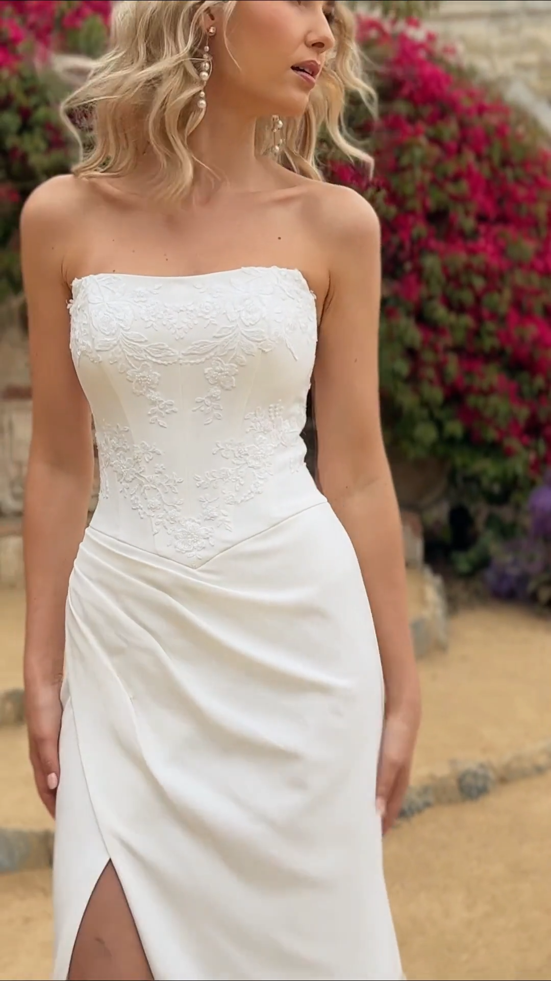 Style AUBURN Strapless Mermaid with Wrap Skirt in Crepe and Lace Appliques on Bodice Style AUBURN Strapless Mermaid with Wrap Skirt in Crepe and Lace Appliques on Bodice