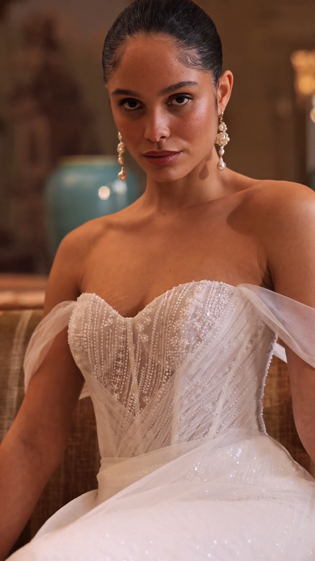 Video of sweetheart and open back beaded tulle mermaid with detachable tulle A-line overskirt ValStefani VENUS