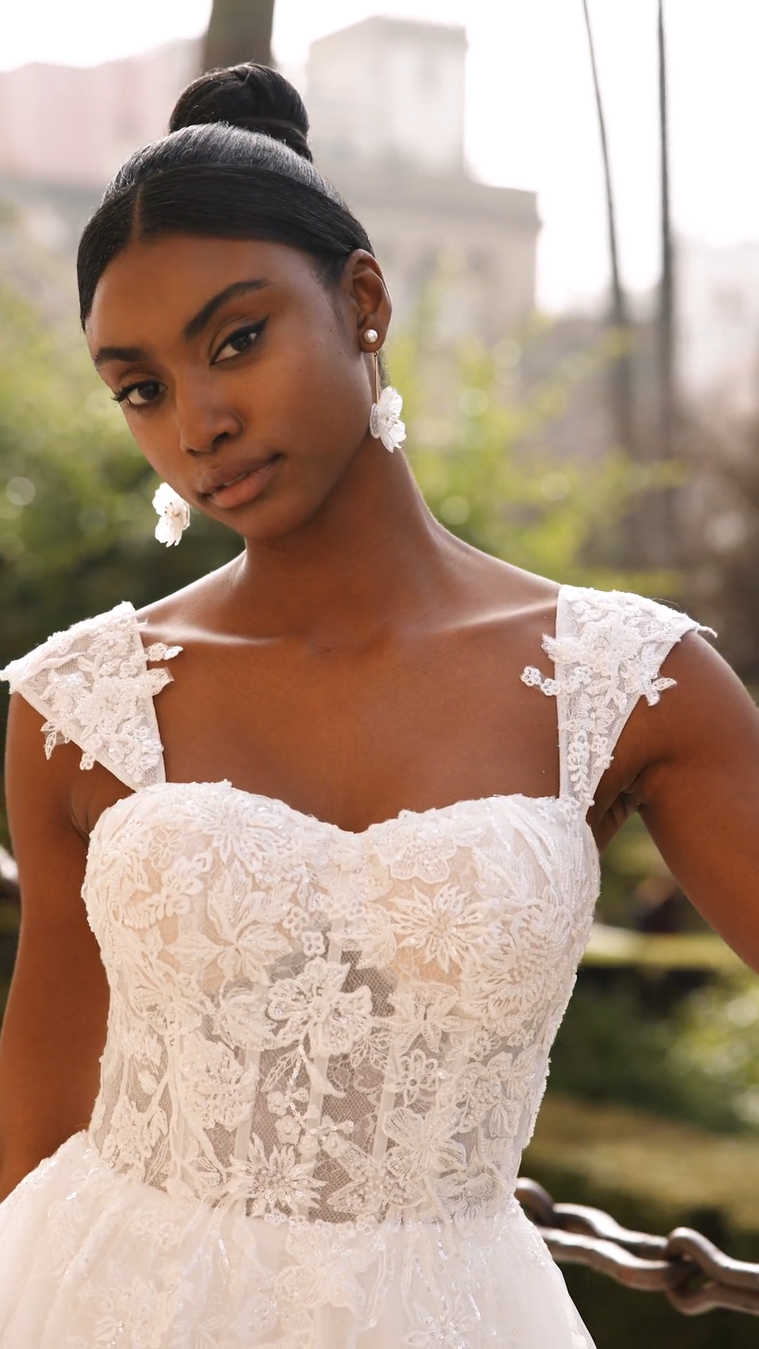 Style DANI Romantic Sweetheart and Open Illusion Back Sparkly Fabrics Full A-Line with Leg Slit and Cap Sleeves