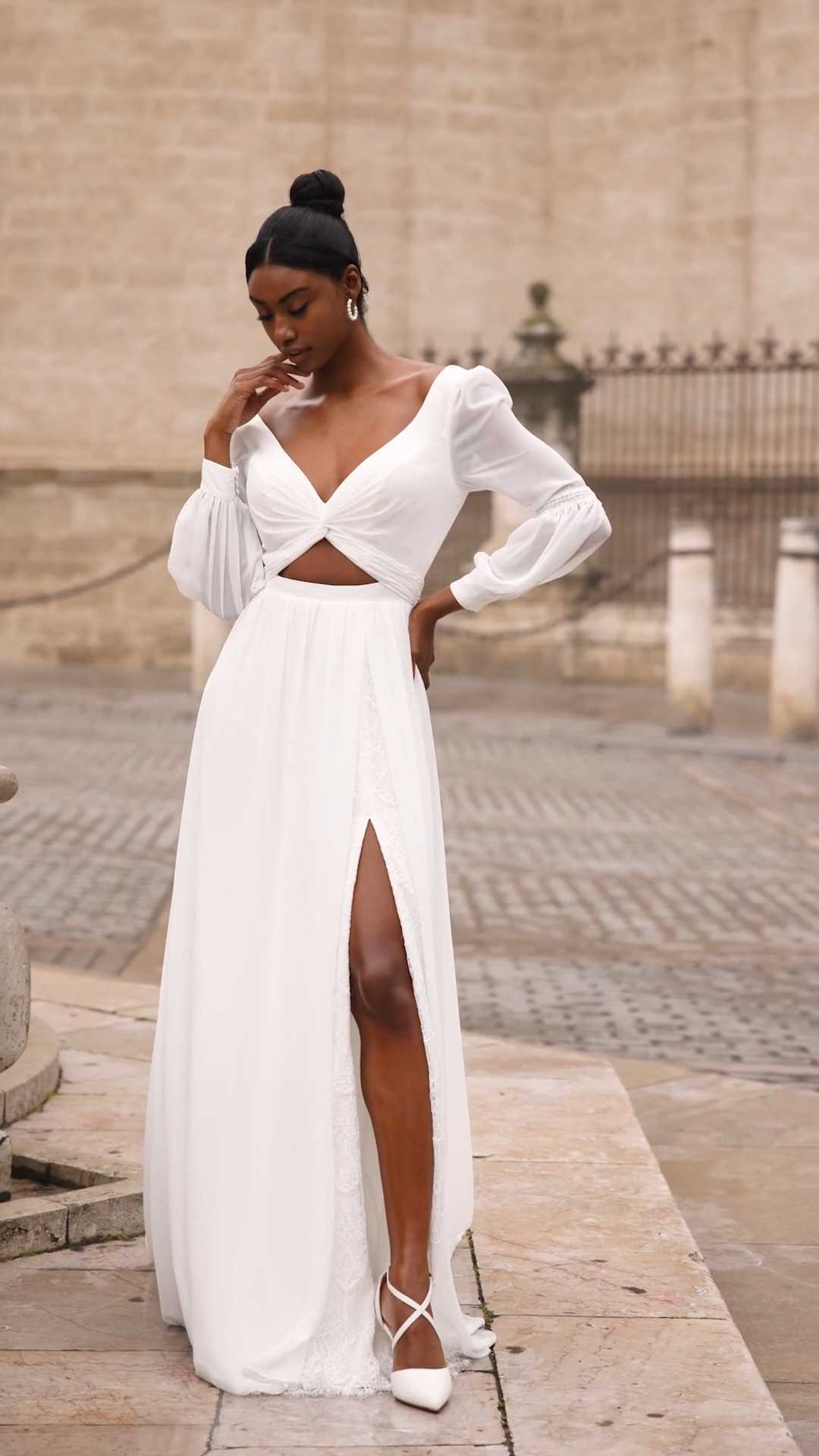 Style ROSALIA Boho Princess Deep V-Neck and Deep V-Back Chiffon A-Line with Alencon Lace Trim Leg Slit