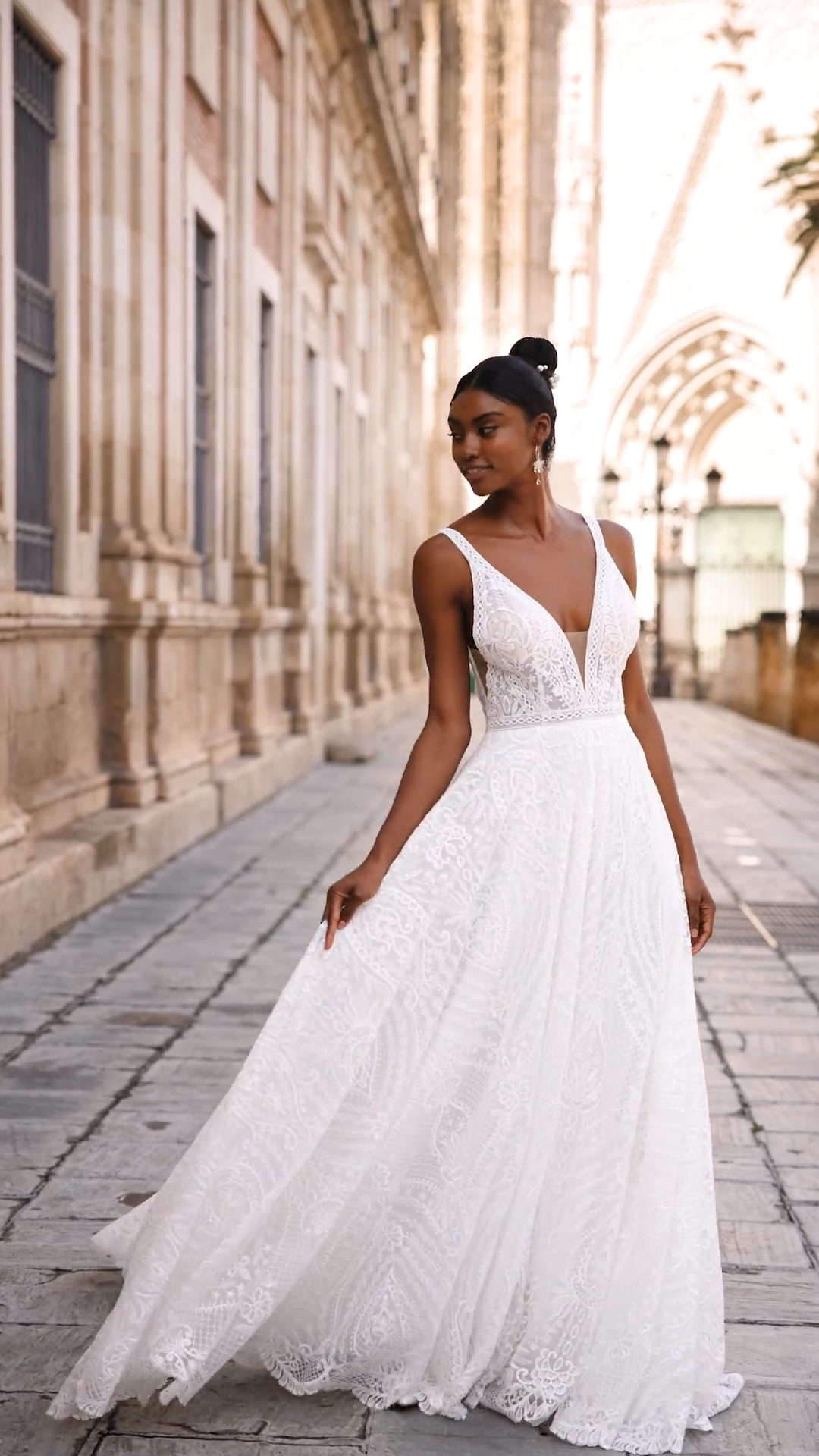 Unlined Deep V-Neck and Deep V-Back Guipure Lace Fabric Drop Waist A-Line Style SARA