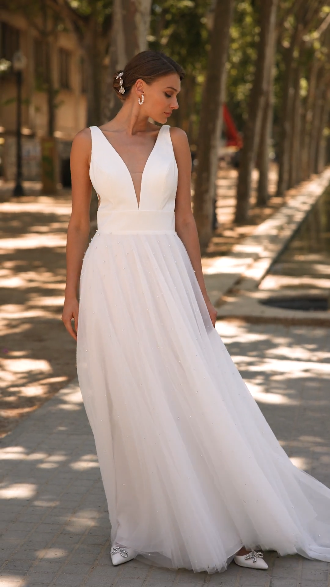 Style DAKOTA S2231 Beautiful Stretch Satin Deep V-Neck with Nude Illusion Inset A-Line Tulle with Pearls