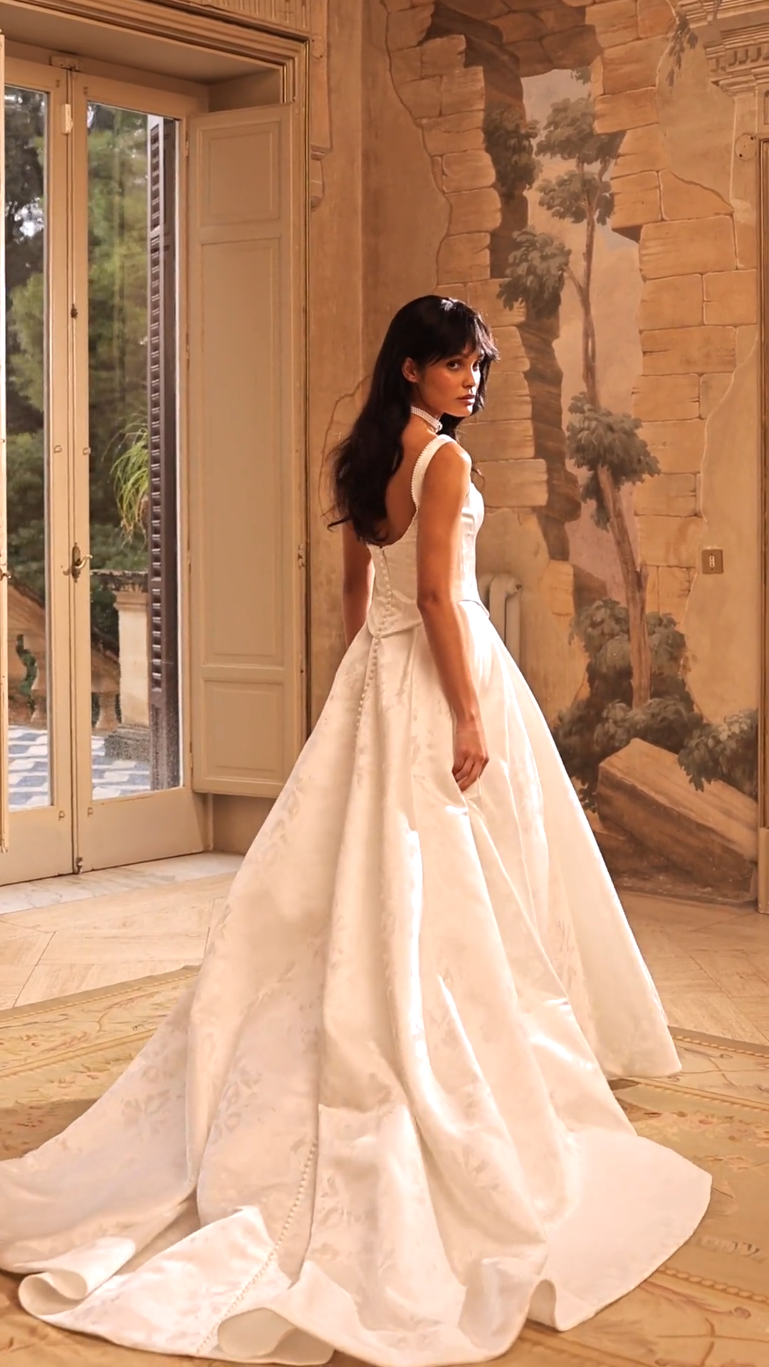 ValStefani AURA Video of luxurious jacquard satin scoop neck full A-line mock two piece full A-line gown