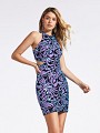 Short floral iridescent sequin lilac and black mini cocktail dress with side cut out and high neckline
