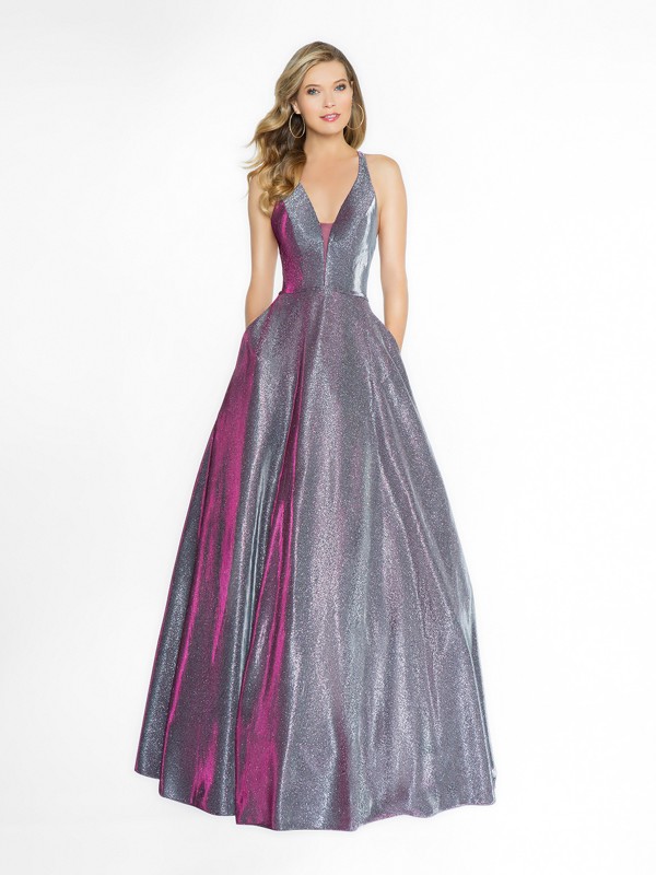 ValStefani 3750RB full a-line eggplant dress with deep v-neck neckline and illusion inset