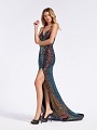 Shimmering sequin floor length multi black mermaid formal gown with thin straps and slit