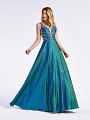 Green floor length metallic satin prom dress with deep sweetheart neckline and illusion inset 