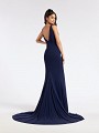 Navy hued classy and formal floor length dress with kick train and deep V-shaped back