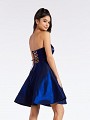 Short shiny satin navy skater dress with lace up tie back and natural waistline Short shiny satin navy skater dress with lace up tie back and natural waistline