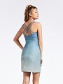 Thigh length fitted ombre blue metallic jersey cocktail dress with strappy open back