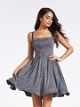 Mini shiny metallic print purple semi-formal cocktail a-line dress with square neckline