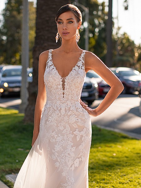 Illusion Lace Straps with a Deep V-neckline and Fitted Bodice Simply Val Stefani Ciana S2164 