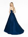 ValStefani 3717RY shiny satin navy formal dress with crisscross tie back and kick train