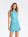 Sleeveless short turquoise semi-formal dress with re-embroidered lace fabric and beading