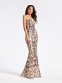 Long embroidered sequin purple and nude mermaid dress with deep sweetheart neckline