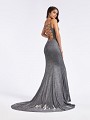 Fitted sexy mermaid silver formal gown with strappy tie back and kick train Fitted sexy mermaid silver formal gown with strappy tie back and kick train