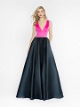 ValStefani 3728RA black and fuchsia gown with deep v-neck neckline