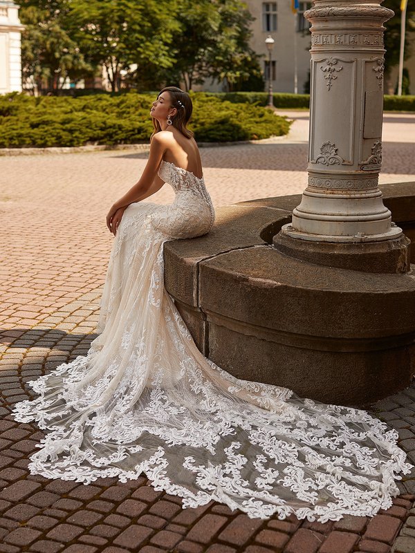 Val Stefani VALENCIA Sultry Illusion Open Back Gown with Buttons with Loops along Back and Zipper and Scalloped Cathedral Train