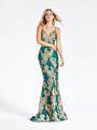 Val Stefani 3947RD gold sequin embroidery leaf net over green sparkle tulle figure flattering mermaid prom dress