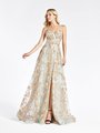 Val Stefani 3965RB eye-catching gold and silver glitter sequin print tulle A-line with sweetheart neck and high front slit Val Stefani 3965RB eye-catching gold and silver glitter sequin print tulle A-line with sweetheart neck and high front slit