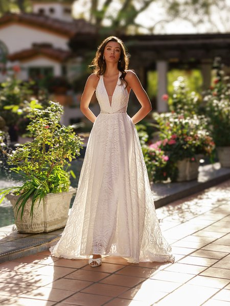 Style OAKLEY Halter neck with illusion inset guipure lace and dazzlining tulle A-line with lace trims