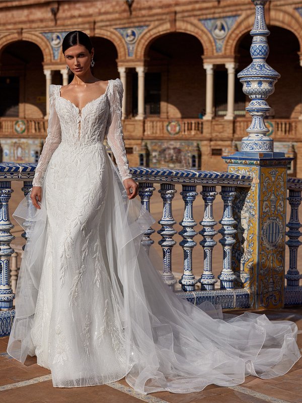 ValStefani DANIELA V-Neck with Illusion Inset Mermaid with Detachable Long Juliet Sleeves and Cascading Train