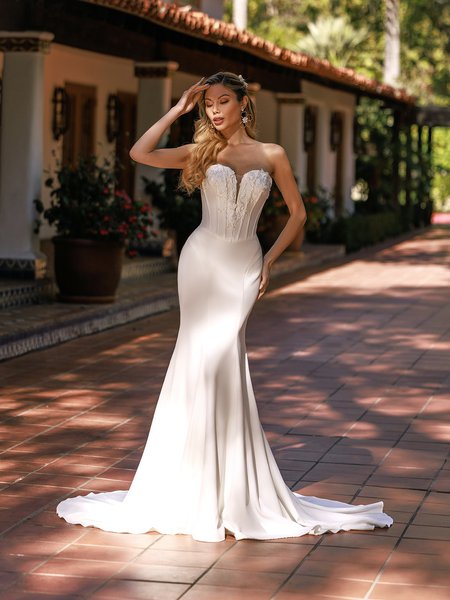 Style ABILENE Strapless deep sweetheart with illusion inset and basque waist crepe back satin mermaid dress
