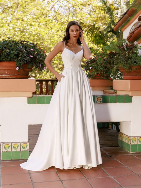 Double faced crepe A-line with beading and side pockets at skirt Style BAILEY