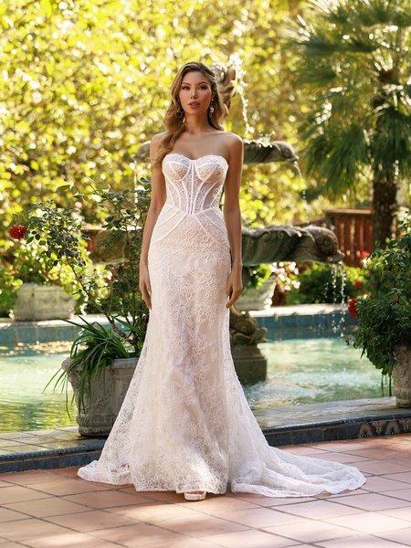 Unlined strapless sweetheart basque waist corded lace mermaid with thin horsehair trim hem Style ATWOOD