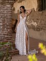 Style PORTLAND Embroidered Lace Fabric with Sequins Deep Sweetheart Halter Neck A-Line with Leg Slit Style PORTLAND Embroidered Lace Fabric with Sequins Deep Sweetheart Halter Neck A-Line with Leg Slit