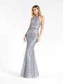 Val Stefani 3923RY charcoal glitter print tulle sheath with halter neckline and beaded belt at natural waist Val Stefani 3923RY charcoal glitter print tulle sheath with halter neckline and beaded belt at natural waist