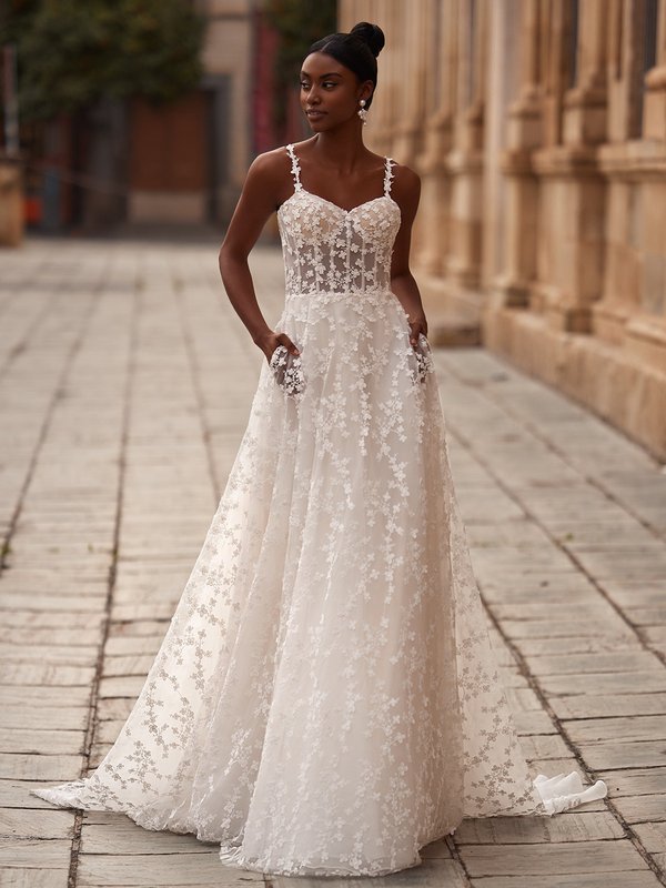 Style CECILIA Sweetheart with Lace Straps Unlined Bodice Ball Gown with Side Pockets