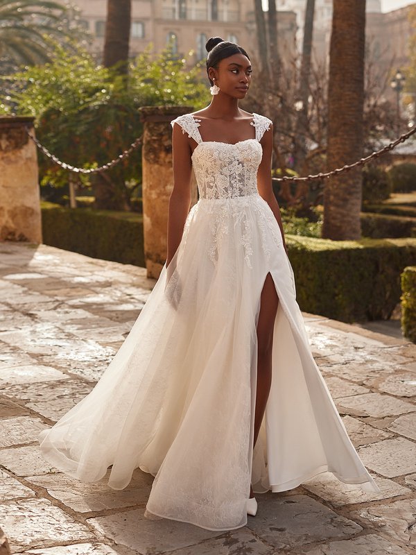 Style DANI Unlined Sweetheart and Cap Sleeves Beaded Lace Appliques and Sparkle Chantilly Lace A-Line with Slit