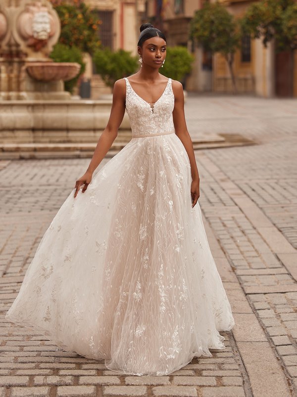 V-Neck with Illusion Inset Floral Embroidered Net with Sequins A-Line Boho Wedding Gown Style NINA