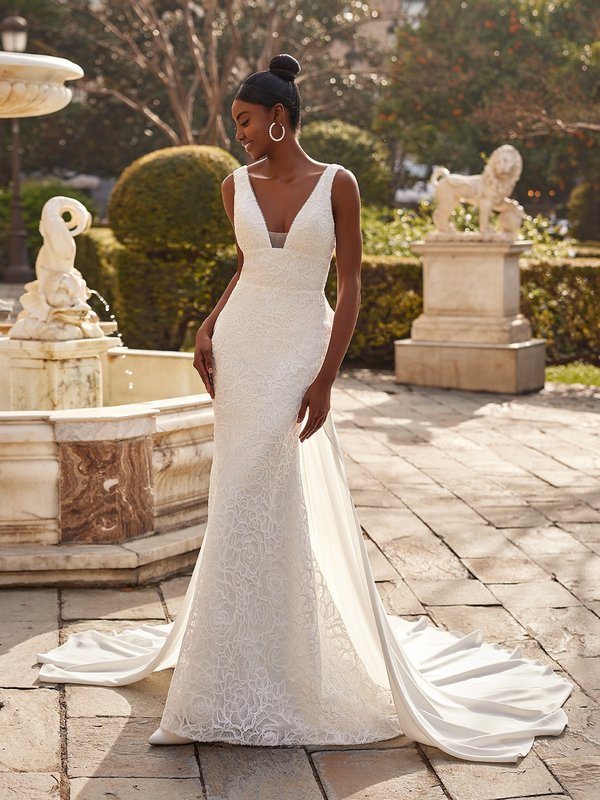 Deep V-Neck with Illusion Inset Velvet Brocade Sequins Figure-Hugging Mermaid with Crepe Bow Train Style MARTA