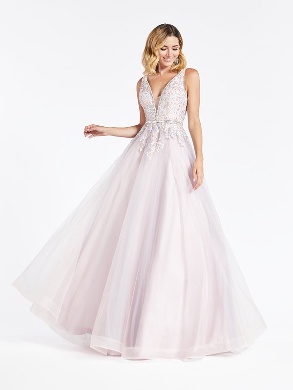 Val Stefani 3942RG dusty pink embroidered lace appliques over tulle full A-line prom dress with sparkly beadings