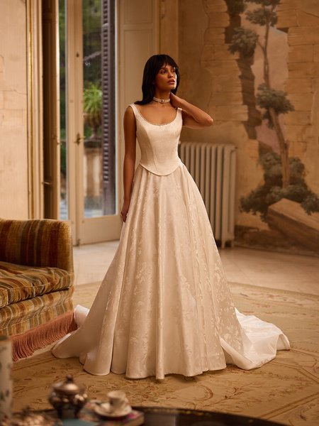 ValStefani AURA Pearl trim scoop neck jacquard satin full A-line gown with basque waist