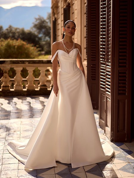 ValStefani POMONA Pointed sweetheart swag sleeves stretch mikado mermaid with detachable train