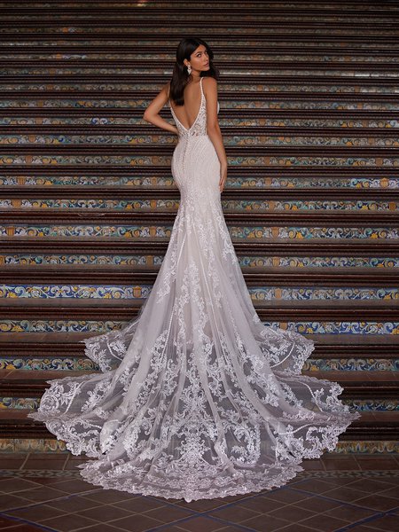 Deep Illusion V-Back Beaded Lace Appliques and Sparkle Tulle Mermaid with Cathedral Train ValStefani ESTRELLA